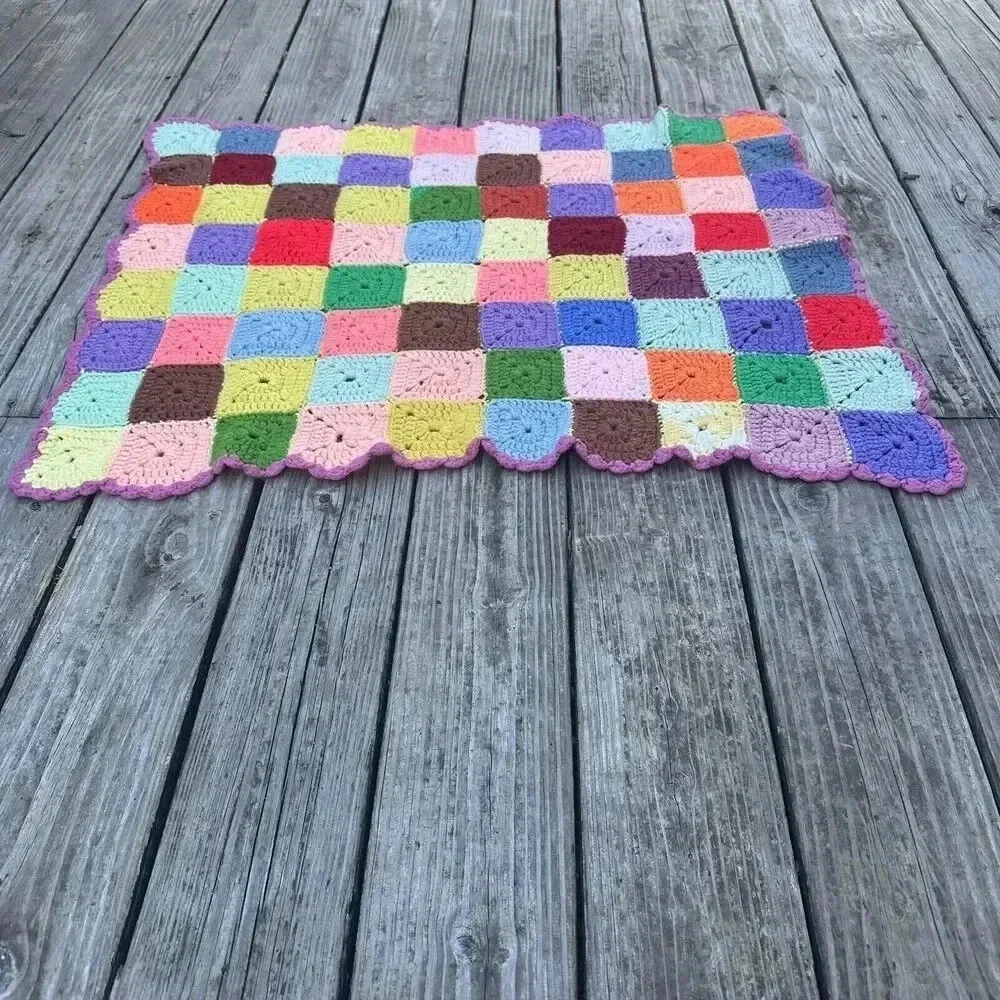 Handmade Crochet Acrylic Granny Squares‎ Blue/Red/Yellow Afghan Blanket 27